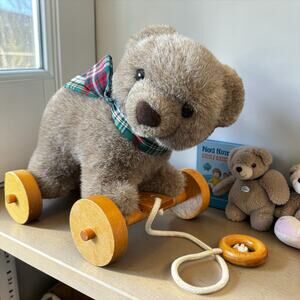 Vintage Applause inc. Teddy Bear Pull Toy | Plush Wood Wheels | 1980s Nursery